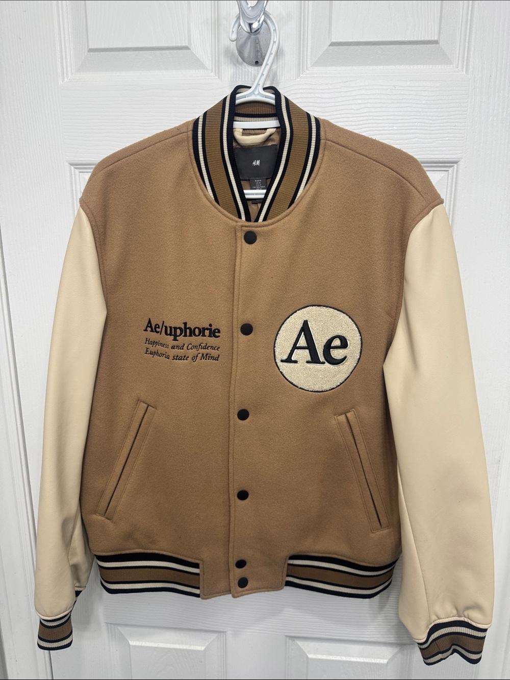 H&M Tan and Cream Varsity Bomber Jacket with Ae Patch